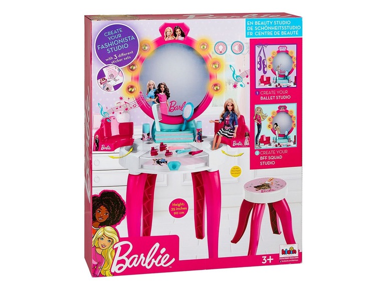 Barbie hrací sada s toaletním stolkem, zrcadlem a stoličkou.