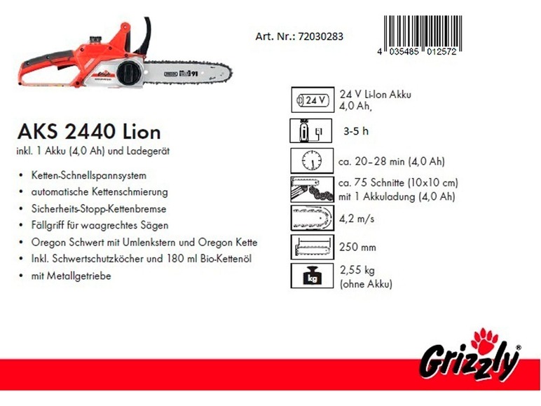  Zobrazit na celou obrazovku Grizzly Aku řetězová pila AKS 2440 Lion, včetně 4 Ah aku a nabíječky - Obrázek 11