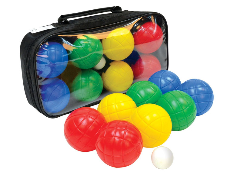 Sada koulí na pétanque s různými barvami a taškou na přenášení.