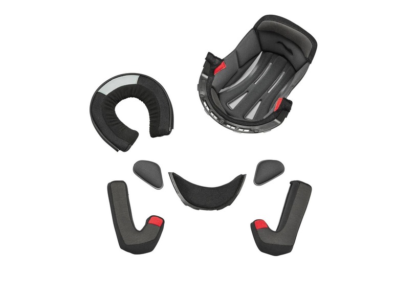 Výstelka helmy s různými částmi, včetně vnitřního obložení, lícních polštářků a krčního válečku.