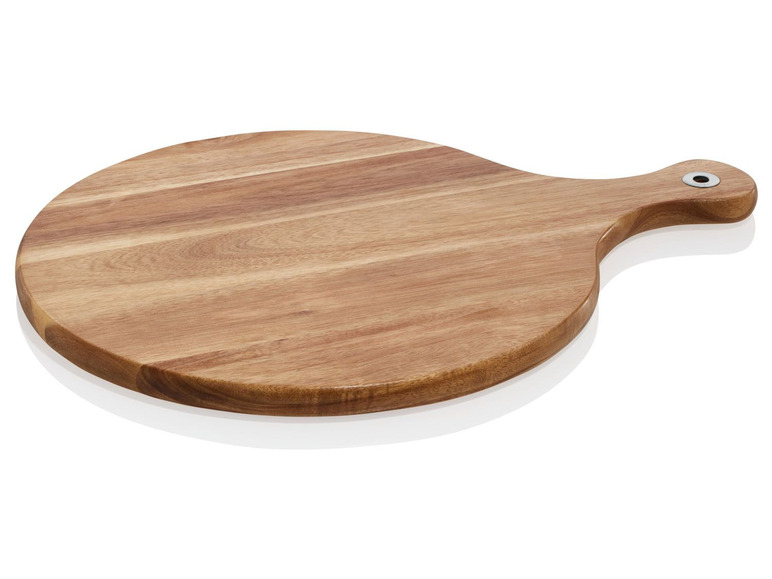 Kulatý dřevěný prkénko s rukojetí.