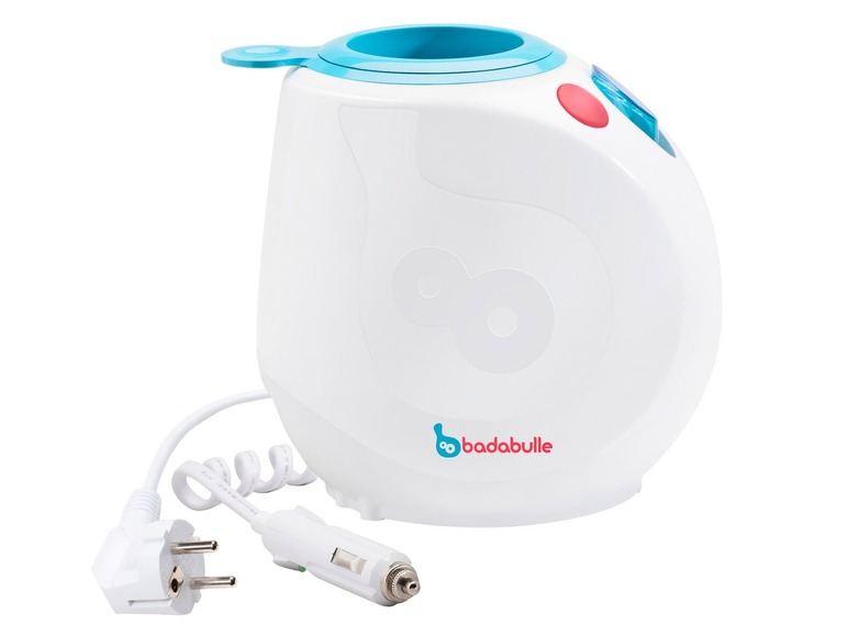 Elektrický ohřívač lahví Badabulle se zástrčkou a nabíjením do auta.