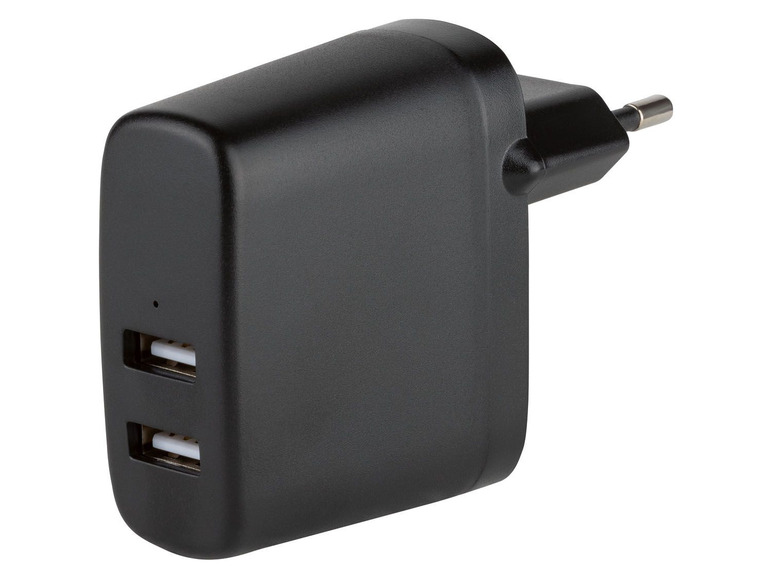 Černá USB nabíječka se dvěma porty.