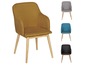 Židle s dřevěnými nohami v různých barvách, jako je žlutá, šedá, modrá a černá.