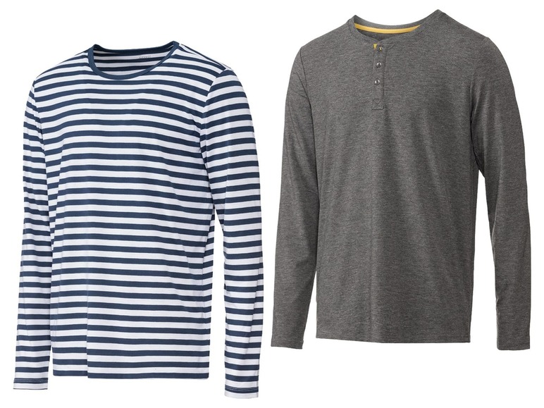 Dvě trička s dlouhým rukávem: jedno pruhované a jedno šedé.