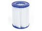 Bílý bazénový filtr s modrým okrajem.
