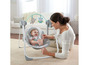 Dítě v houpací židli Fisher-Price s ženou sedící vedle.