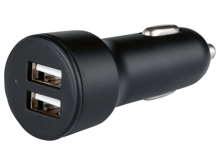 Černá auto nabíječka se dvěma USB porty.