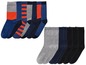 Sada ponožek s modrými, šedými a černými pruhy.