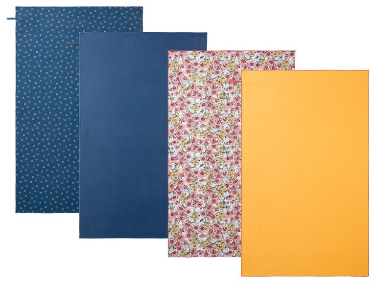 Tři ručníky: jeden s květinovým vzorem, jeden jednobarevný modrý a jeden s geometrickým vzorem.