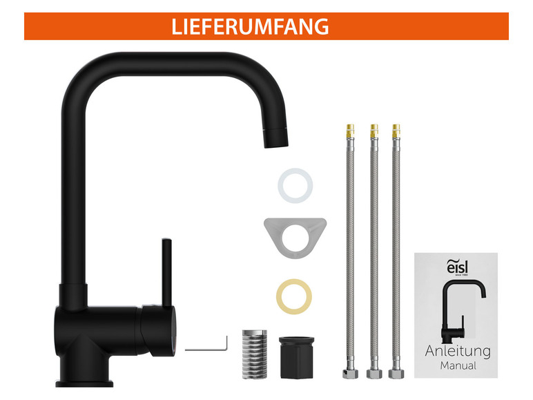 Černá kuchyňská baterie eisl s instalačními prvky a návodem k obsluze.