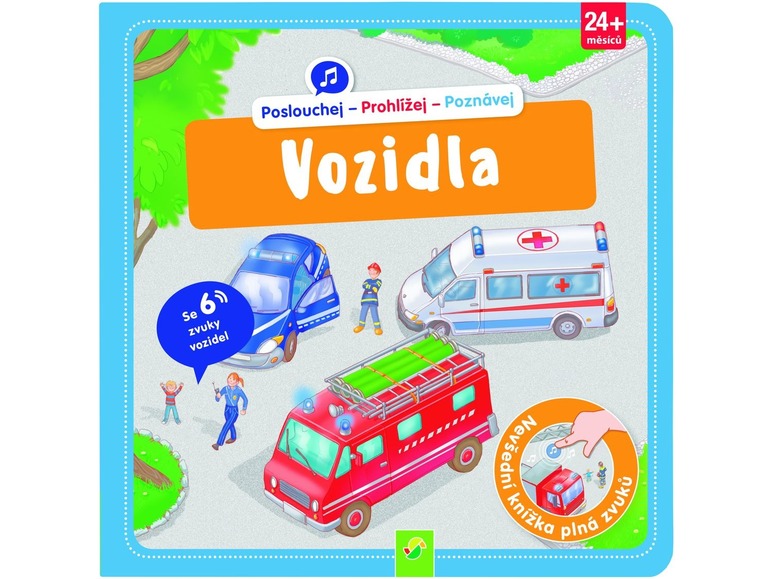 Kniha s obrázky vozidel, včetně hasičského auta, sanitky a policejního auta.