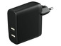 Černá USB nabíječka se dvěma porty a evropskou zástrčkou.