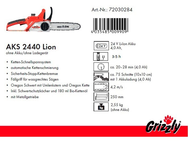  Zobrazit na celou obrazovku Grizzly Aku řetězová pila AKS 2440 Lion, včetně 4 Ah aku a nabíječky - Obrázek 10