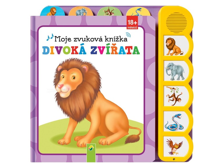 Kniha se zvuky o divokých zvířatech, včetně lva, slona, opice, hada a sovy.
