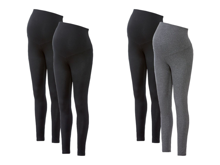 Dva páry těhotenských legín, černé a šedé.