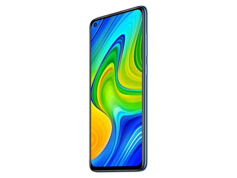 Modrý chytrý telefon Xiaomi s abstraktním vzorem na displeji.