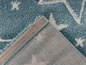 Detail modrého koberce s pruhovaným vzorem.