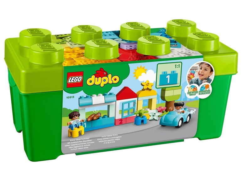 LEGO Duplo stavebnice s kostkami, autem a figurkami v přenosné krabici.