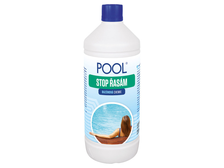 Láhev Pool Stop řasám, bazénová chemie proti řasám.