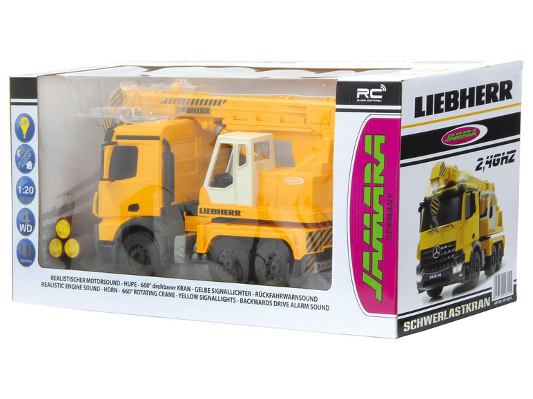 Žlutý hračkový jeřáb Liebherr se zvukem a světlem