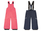 Dva páry lyžařských kalhot pro děti, růžové a tmavě modré.