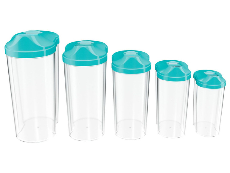 Sada čtyř průhledných skladovacích nádob s tyrkysovými víčky.