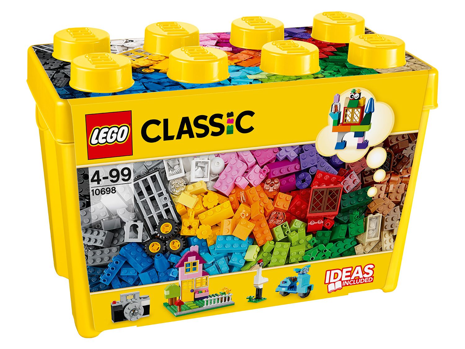 Žlutá LEGO Classic krabička s barevnými LEGO kostkami a nápady na stavbu.