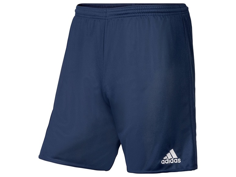 Modré sportovní šortky s bílým logem Adidas.