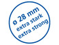 Modrý kruh s textem 'Ø 28 mm extra stark extra strong'.