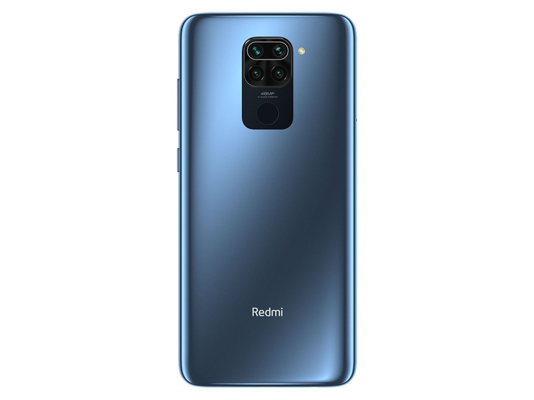 Modrý chytrý telefon Redmi se systémem čtyř kamer.