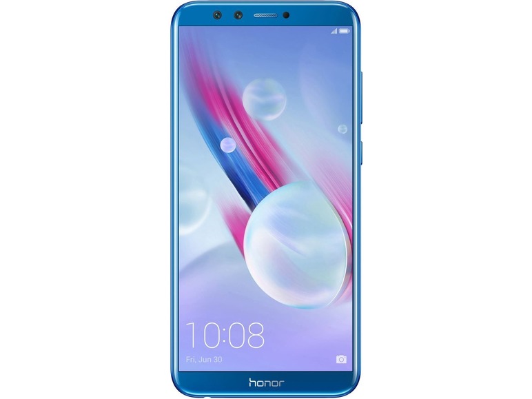 Modrý chytrý telefon Honor s abstraktním vzorem na displeji.