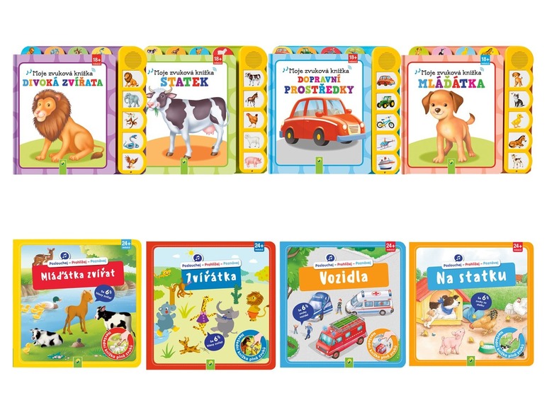 Zvukové knihy pro batolata s obrázky zvířat, vozidel a farmy.