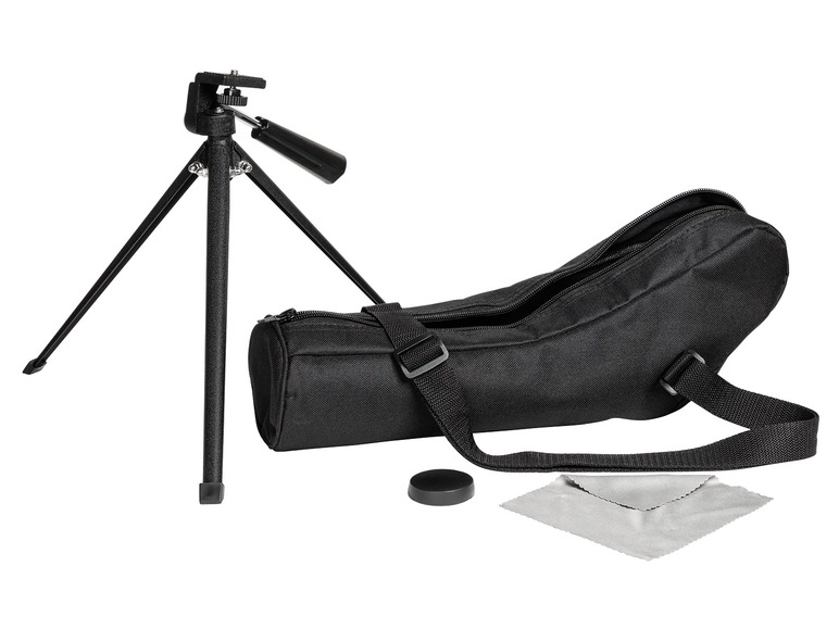 Teleskop s pouzdrem, stativem a utěrkou na čištění.