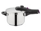 Nerezový tlakový hrnec s černou rukojetí.