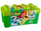 LEGO Duplo stavebnice s figurkami a zelenou úložnou krabicí.