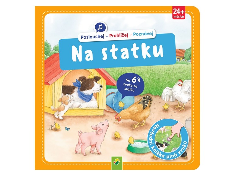 Kniha s obrázky zvířat na farmě, jako je pes, slepice, prase a kuřata.