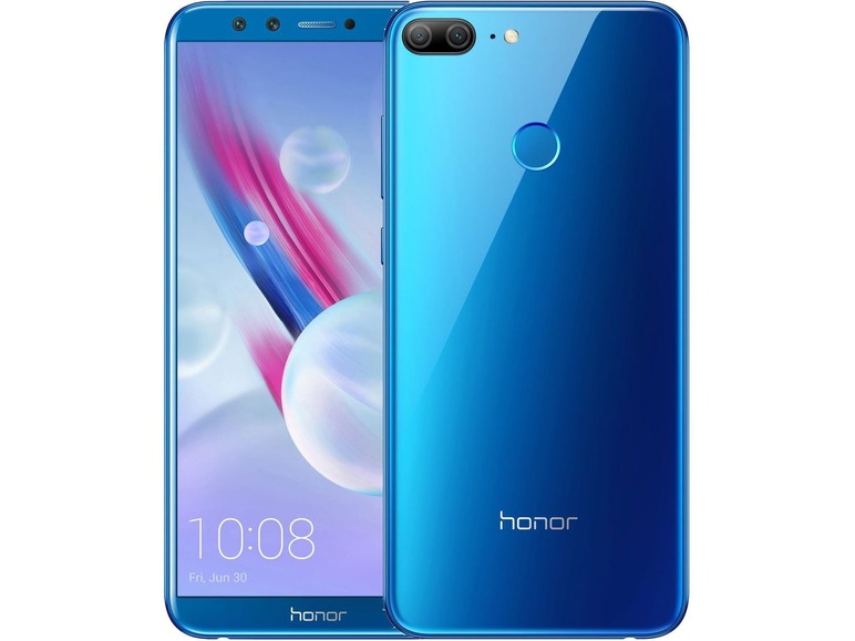 Modrý chytrý telefon Honor, zobrazený zepředu a zezadu.