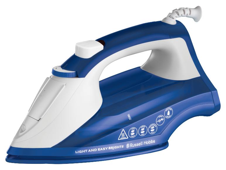 Modrý parní žehlička Russell Hobbs s keramickou podrážkou.