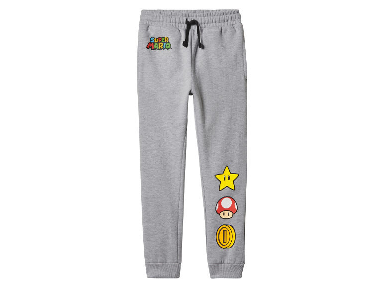 Šedé dětské tepláky Super Mario s ikonami.