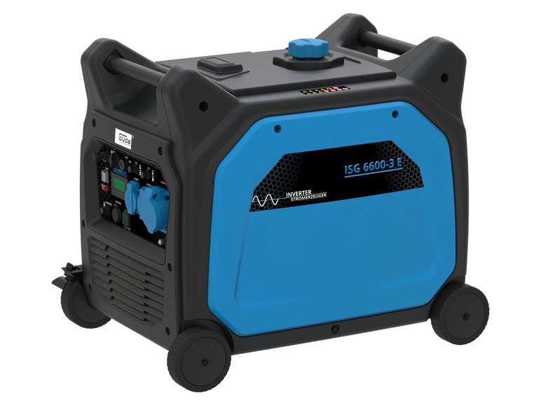 Modrý invertorový generátor Güde ISG 6600-3 E s kolečky.
