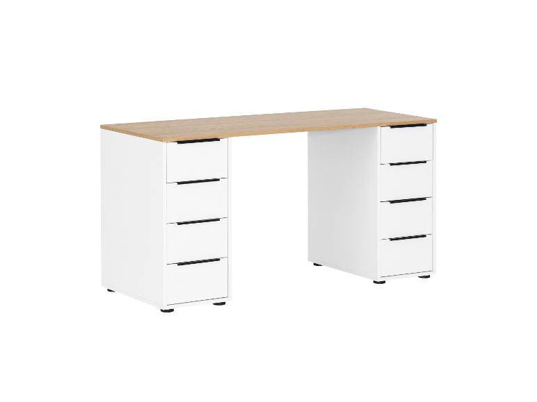 Bílý stůl se světlou dřevěnou deskou a osmi zásuvkami s černými úchytkami.