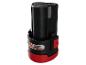 Černá a červená 12V baterie pro elektrické nářadí s indikátorem nabití a uvolňovacími tlačítky.