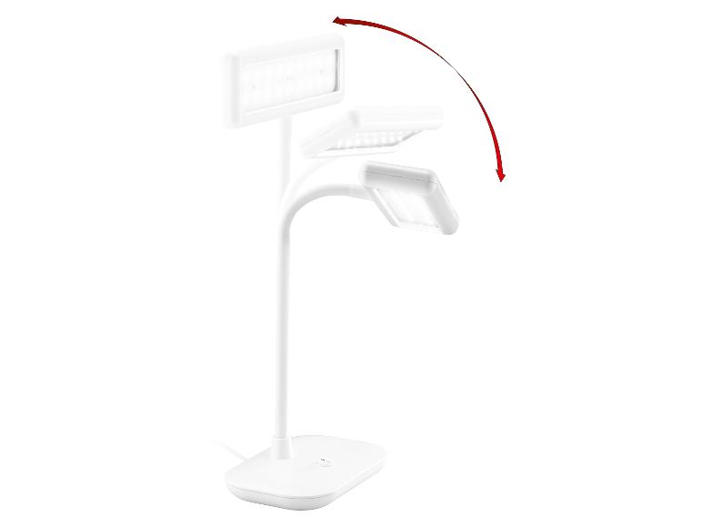 Pohyb bílé nastavitelné LED stolní lampy na bílém pozadí