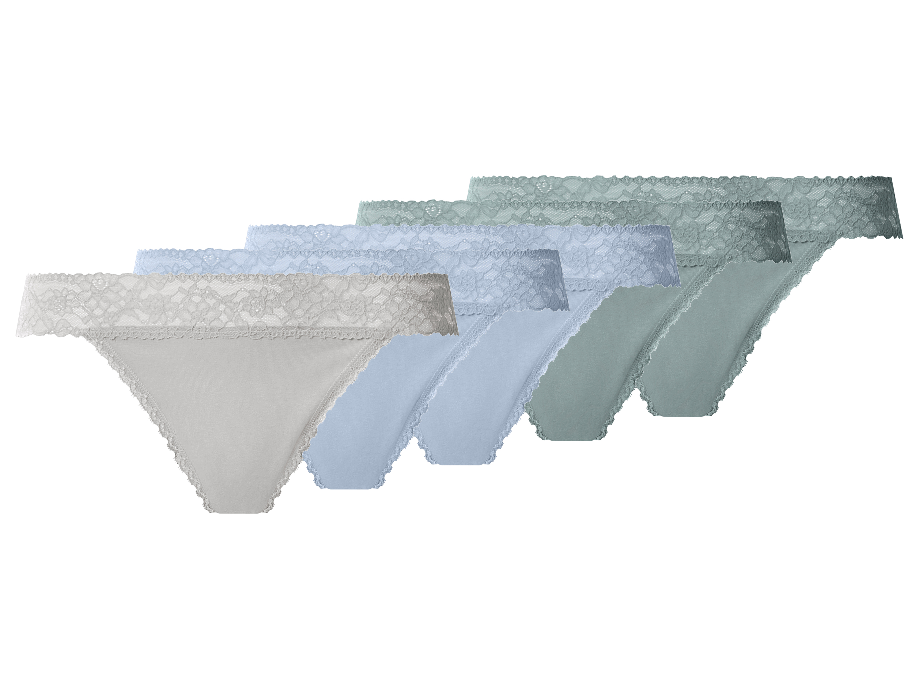 esmara® Dámské kalhotky s krajkou Tanga, 5 kusů (zelená/modrá/šedá, M(40/42))