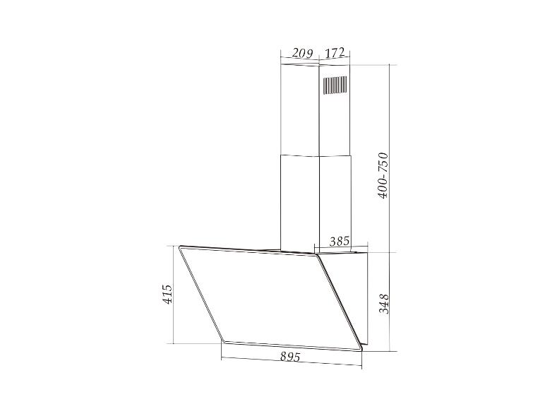 Technický nákres digestoře s rozměry 895x415 mm a nastavitelnou výškou 400-750 mm.