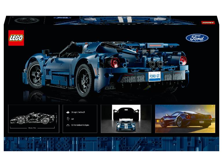 LEGO Ford GT krabice se sestaveným autem a technickými detaily.