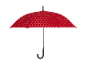 Červený deštník s bílými puntíky na černém pozadí.