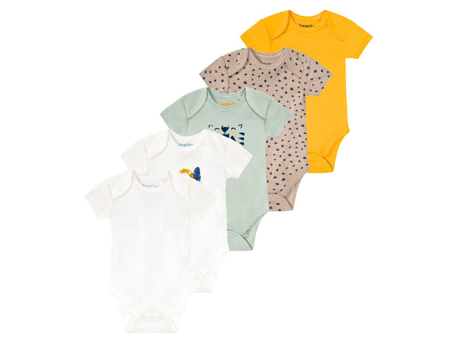 lupilu® Chlapecké body s krátkými rukávy Bio, 5 kusů (50/56, mintová/bílá/žlutá/béžová)