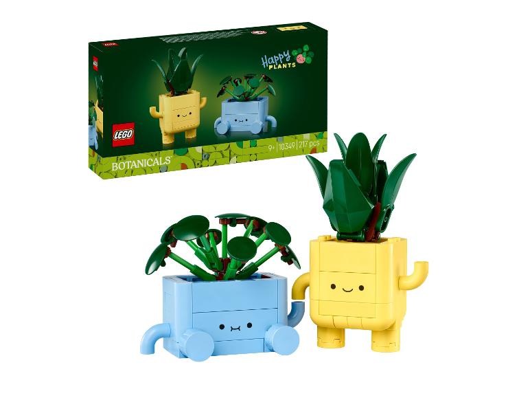 Sada LEGO Botanicals Happy Plants se dvěma sestavitelnými rostlinami v roztomilých květináčích.
